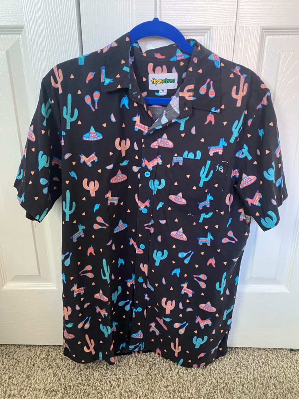 Tipsy Elves Black Short-Sleeve Button-Up with Teal & Pink Fiesta Print